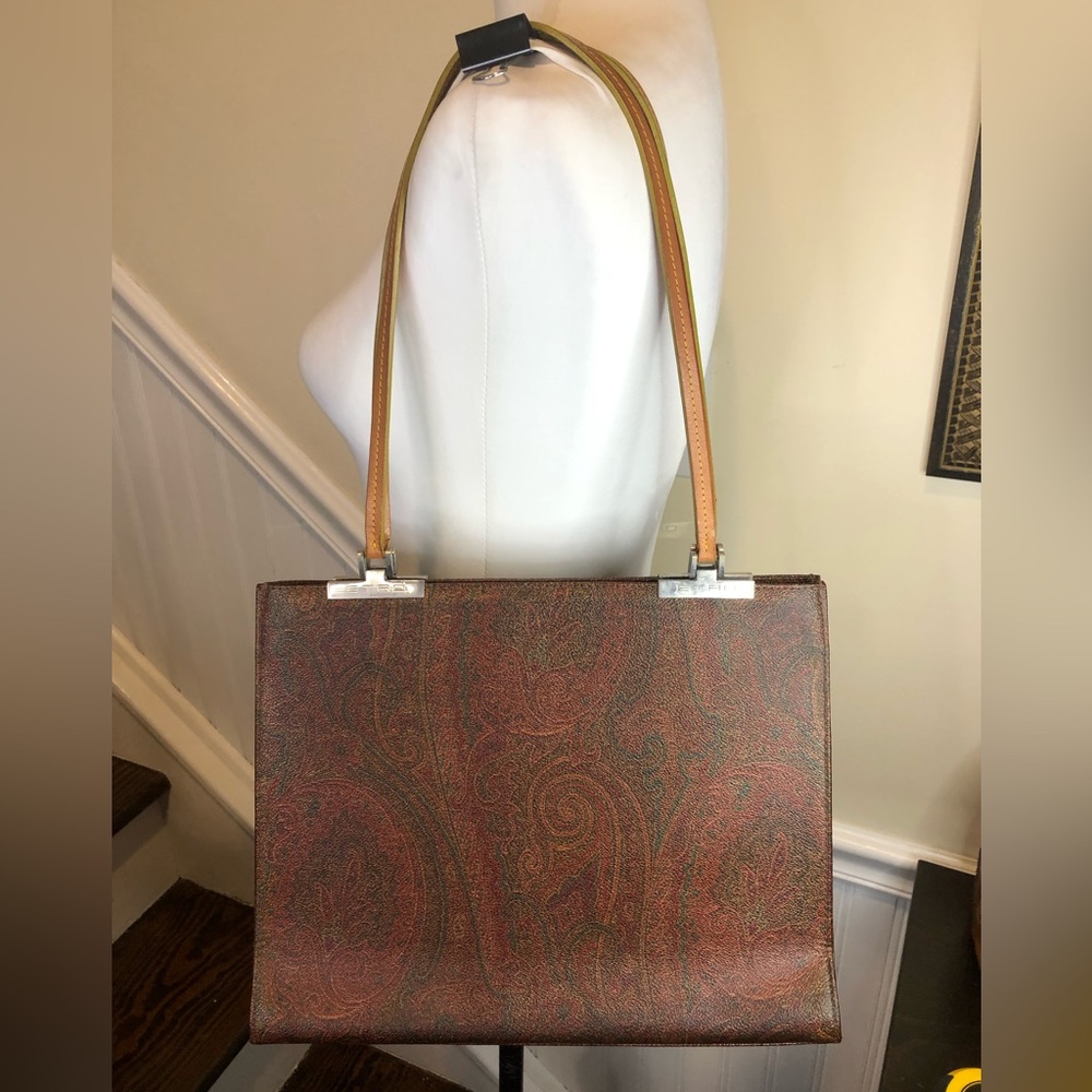 ETRO Red Paisley Vachetta Leather Two Strap Snap Tote Shopper Shoulder Bag - Picture 4 of 17